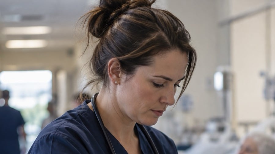 A nurse in scrubs on a hospital ward