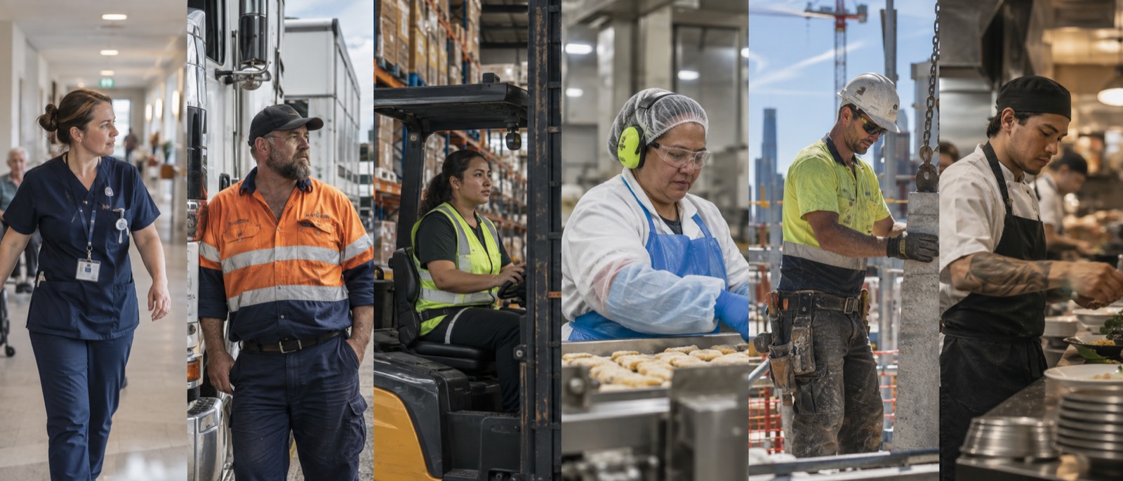 Six workers: a nurse, a truck driver, a forklift operator, a food production worker, a builder and a chef