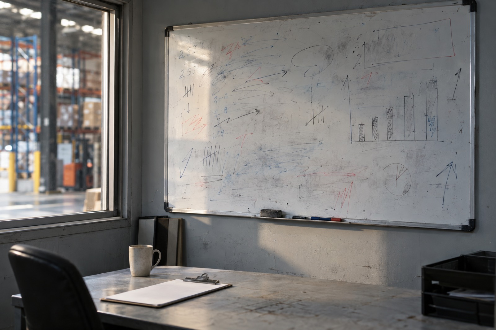 A whiteboard of tallies and bar charts in a warehouse office